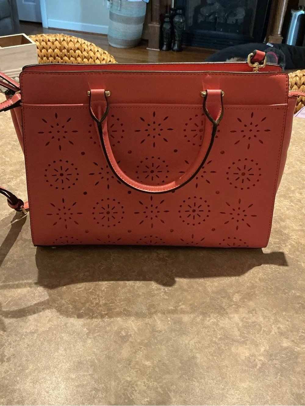 crown & ivy Coral Laser-Cut Satchel with Top Handles Pocketbook Purse